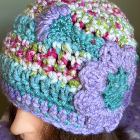 Multicolor Crochet Flower Beanie medium soft thick acrylic yarn - Picture 3 of 10